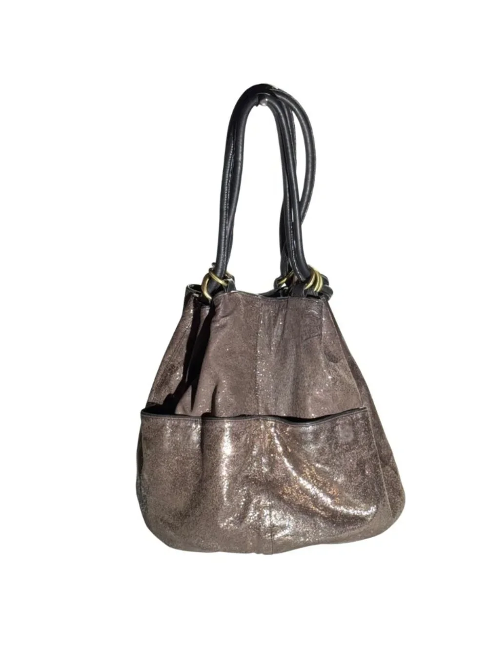 Kooba Metallic Bronze Leather Tote Bag Black Handles & Gold Hardware